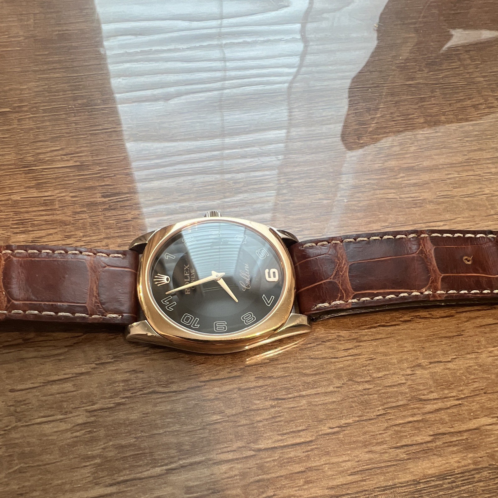 Rolex Cellini Men’s Quartz Dress Watch 33mm 18kGold Case Black Dial Brown Strap
