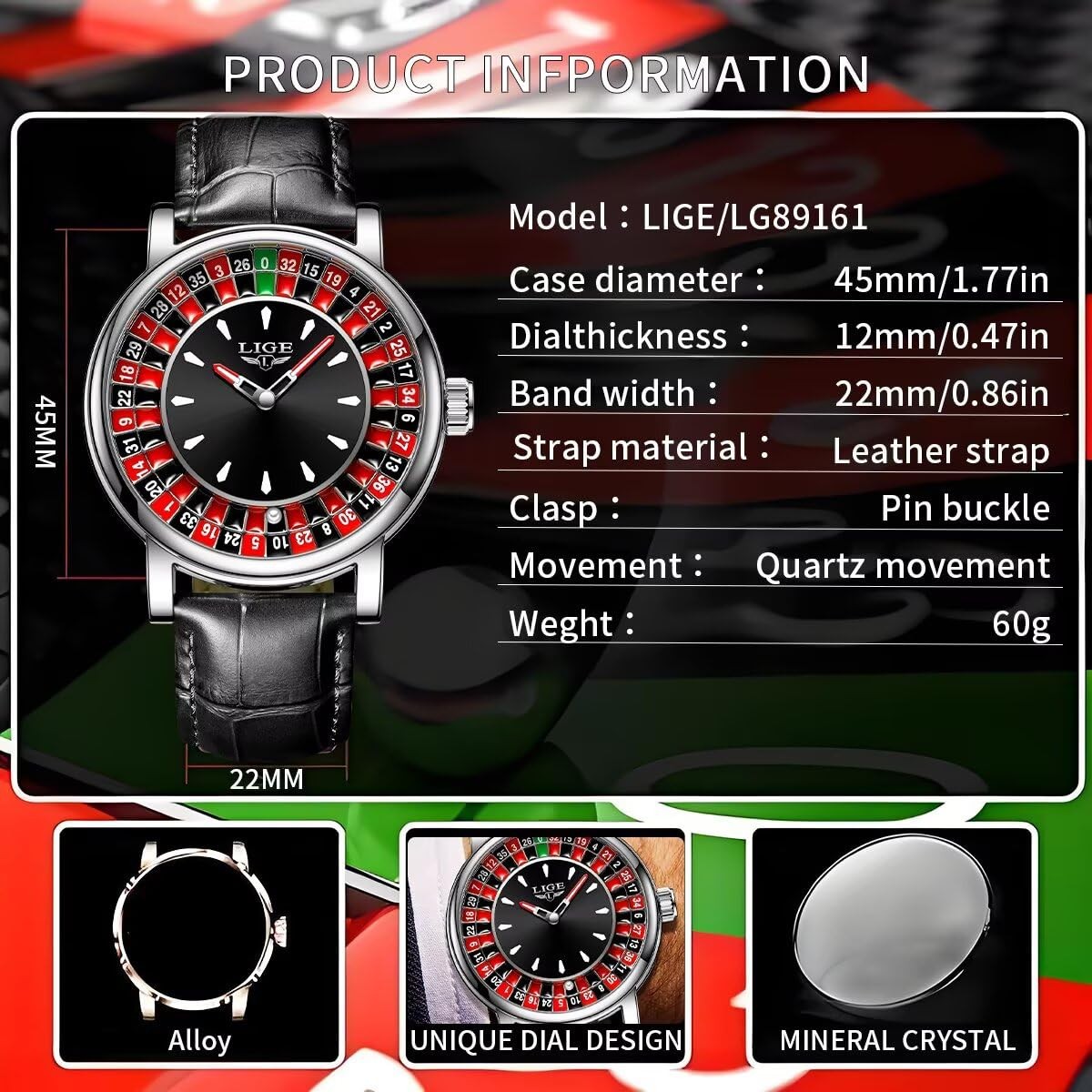 Roulette Wheel Watches for Men with Ball, 45MM Big Face Quartz Analog Casino …