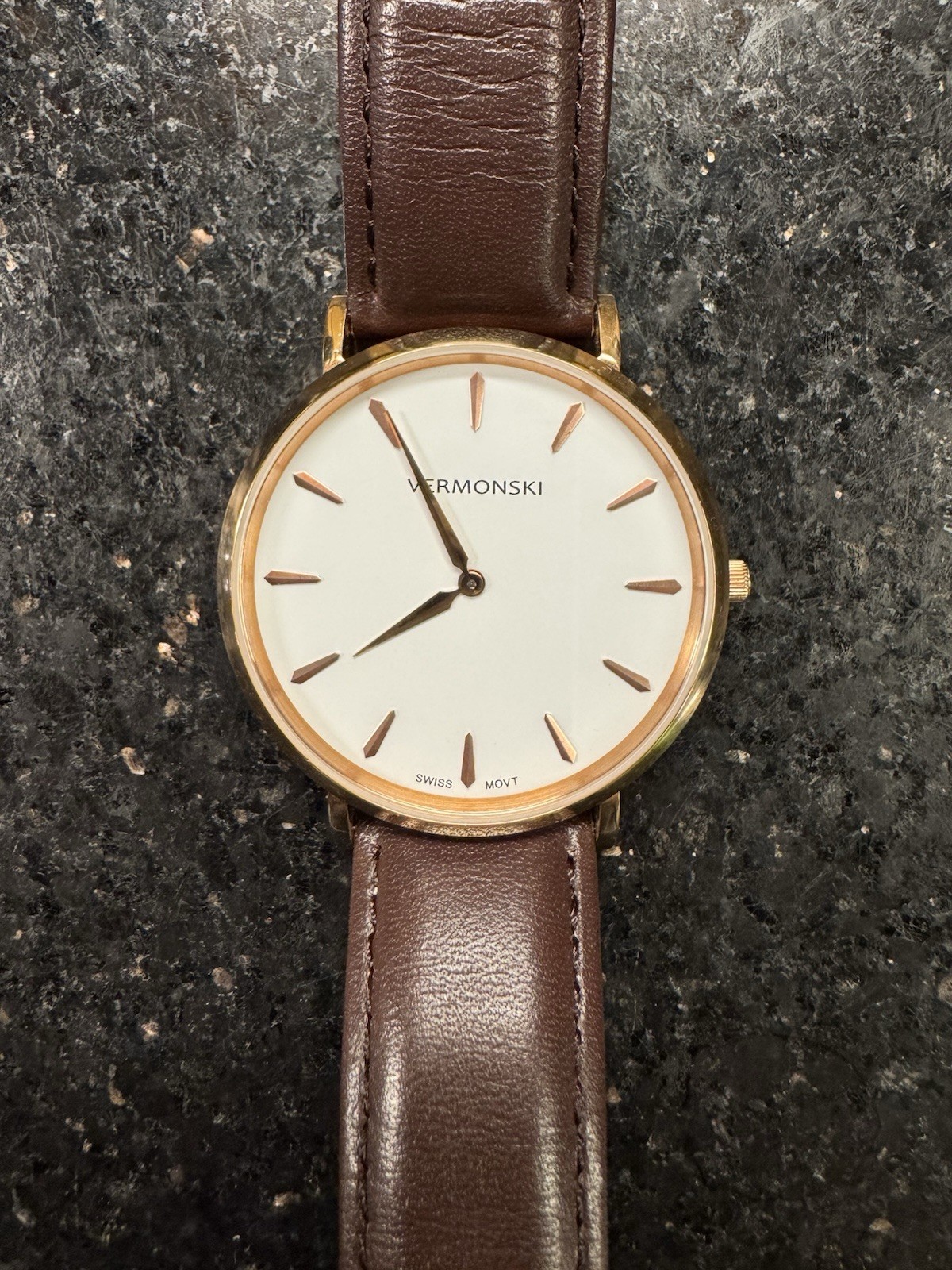 Vermonski Supreme Men’s Rose Gold Watch White Dial Brown Leather Strap SwissMovt