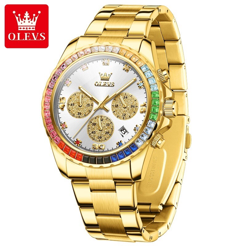 OLEVS Man’s Rainbow Gems Case Stainless Steel 3-Eyes Timer Quartz Wrist Watches