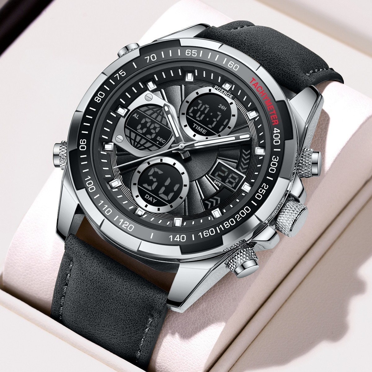 LIGE Men Watch Quartz Digital Luminous Waterproof Leather Band Man Wristwatch