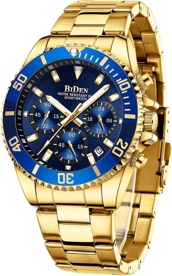 Biden Men’s Gold Blue Chronograph Wristwatch 30m Water Resistant Stainless Steel
