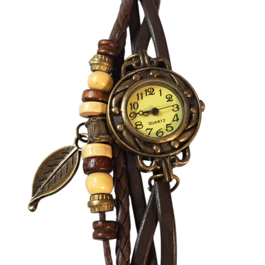 Boho Quartz Analog Watch Braided and Leather Band Leaf Charm Beads Snap Closure