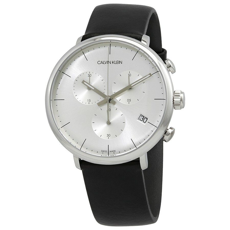 New Mens Calvin Klein High Noon 43mm Silver Dial Leather Chrono Watch