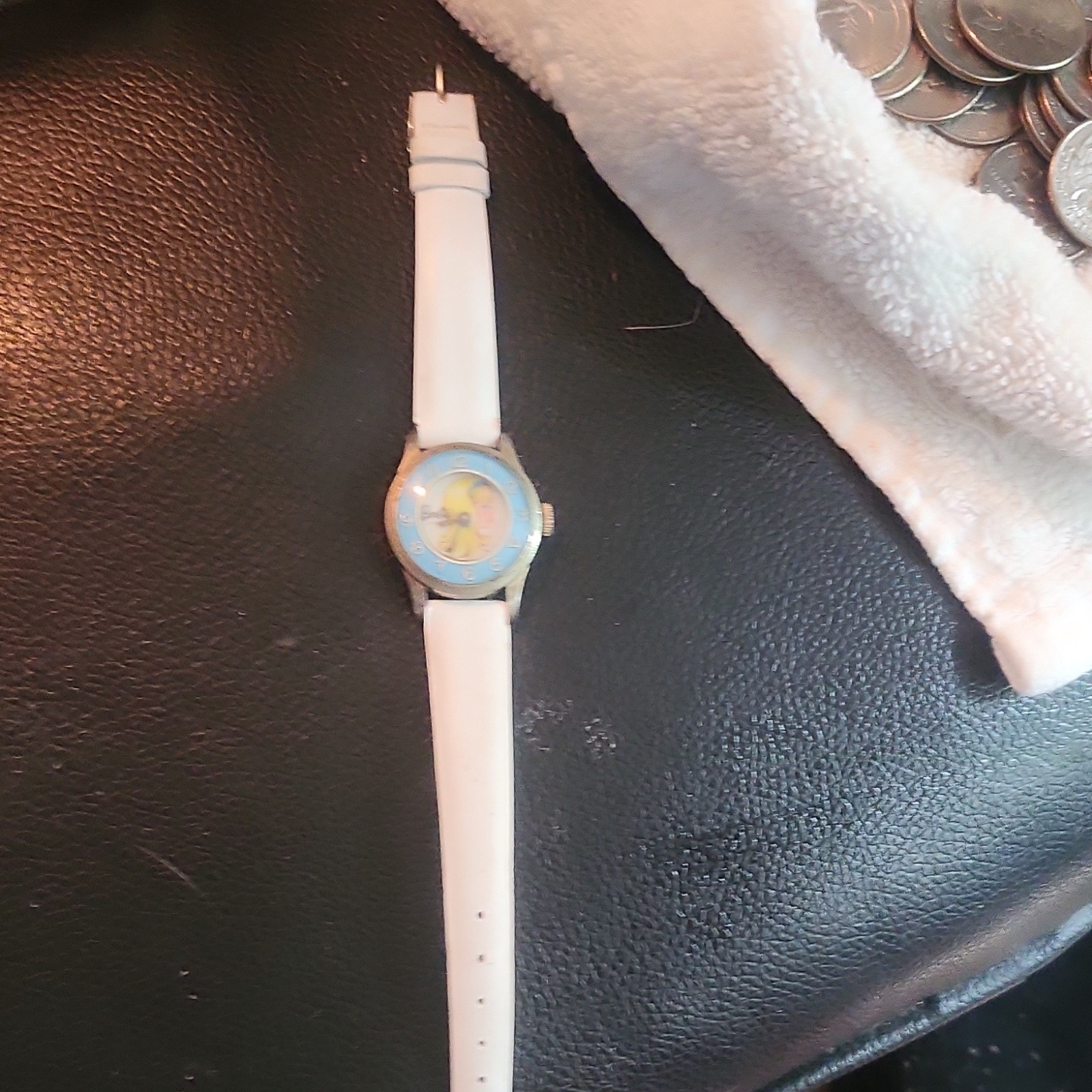 Barbie Swiss Made Quartz Wristwatch Blue Dial White Leather Strap Gold Case