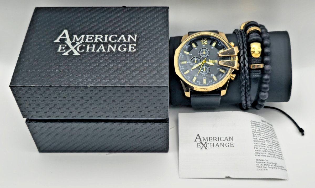 American Exchange Men’s Chronograph Watch Gold Black + Bracelet Set New Open Box