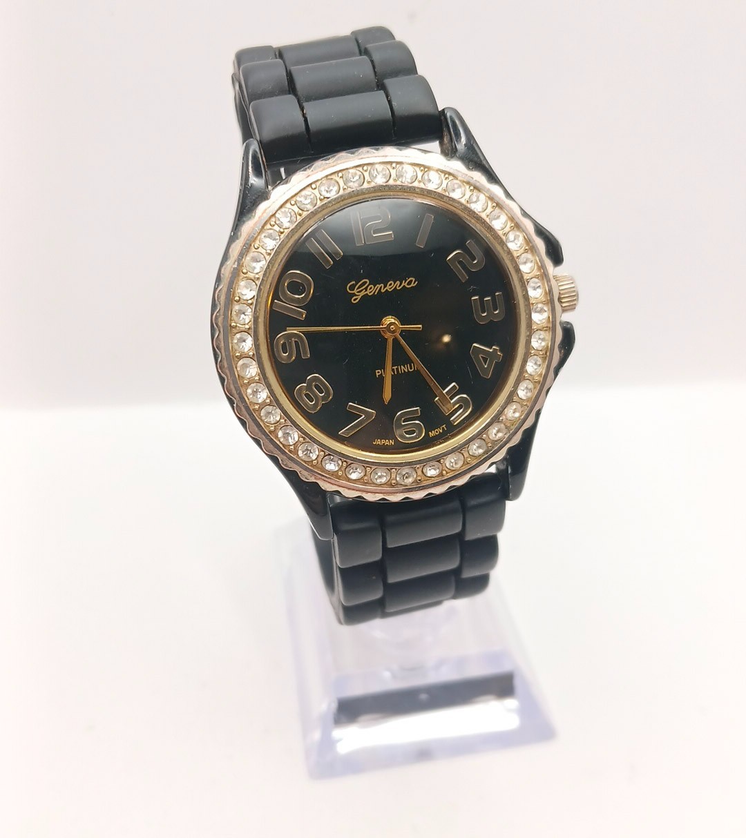 Geneva Platinum Fashion Watch – Black Silicone Jelly Link Band – Rhinestone