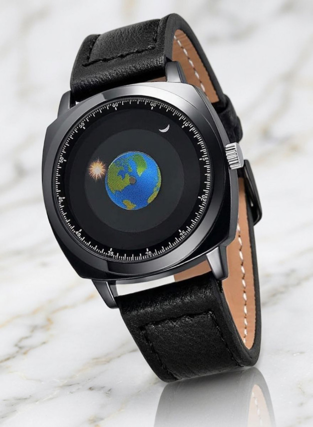 Men’s Creative World Map Watch Black Dial Earth Moon Sun Black Leather Strap