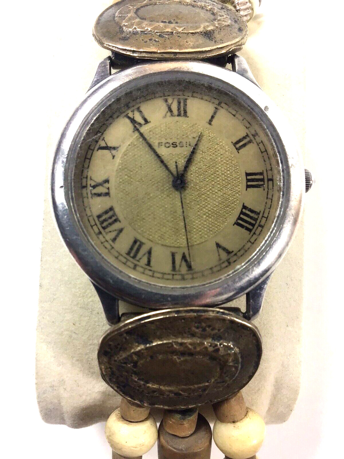 Fossil Quartz Watch SW-6602 Women Silver Brown Beads New Battery