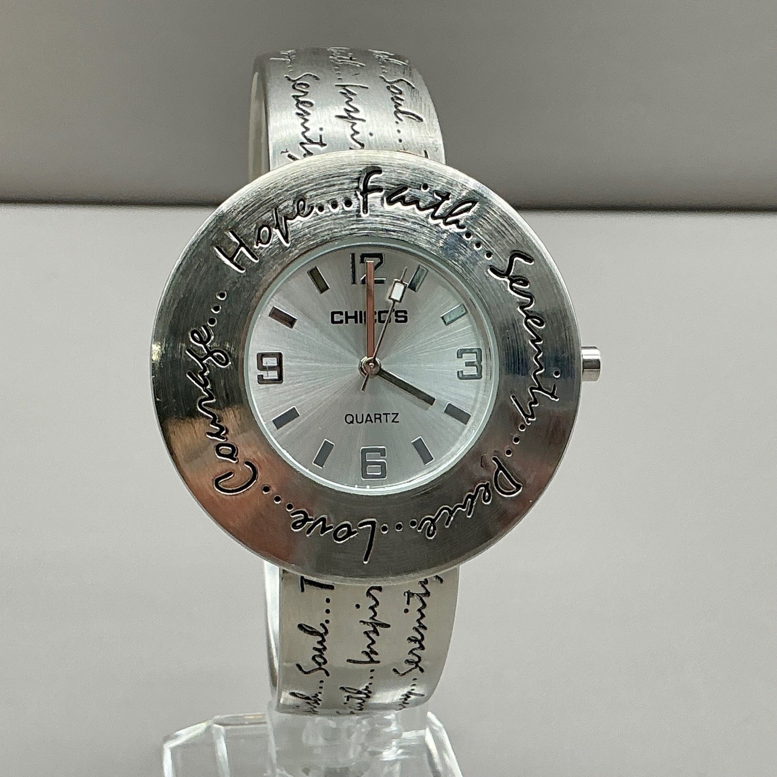 Chico’s Watch Womens Silver Tone Inspirational Cuff Bracelet Quartz NEW BATTERY