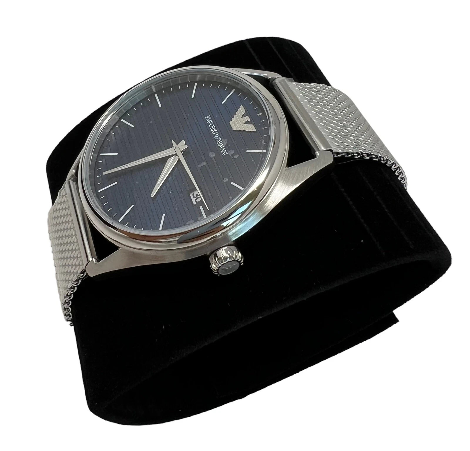 Emporio Armani Men’s Date Silver Mesh & Blue Leather Strap Watch Set NIB AR80054