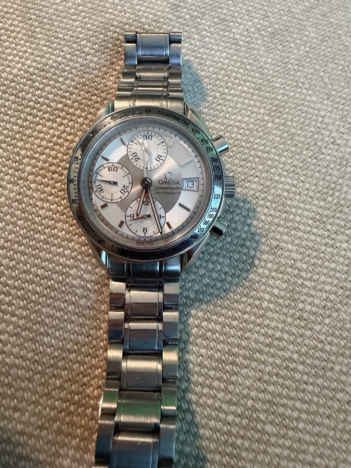 OMEGA Speedmaster Automatic Chronograph Tachymeter Date Silver Dial 38mm SS