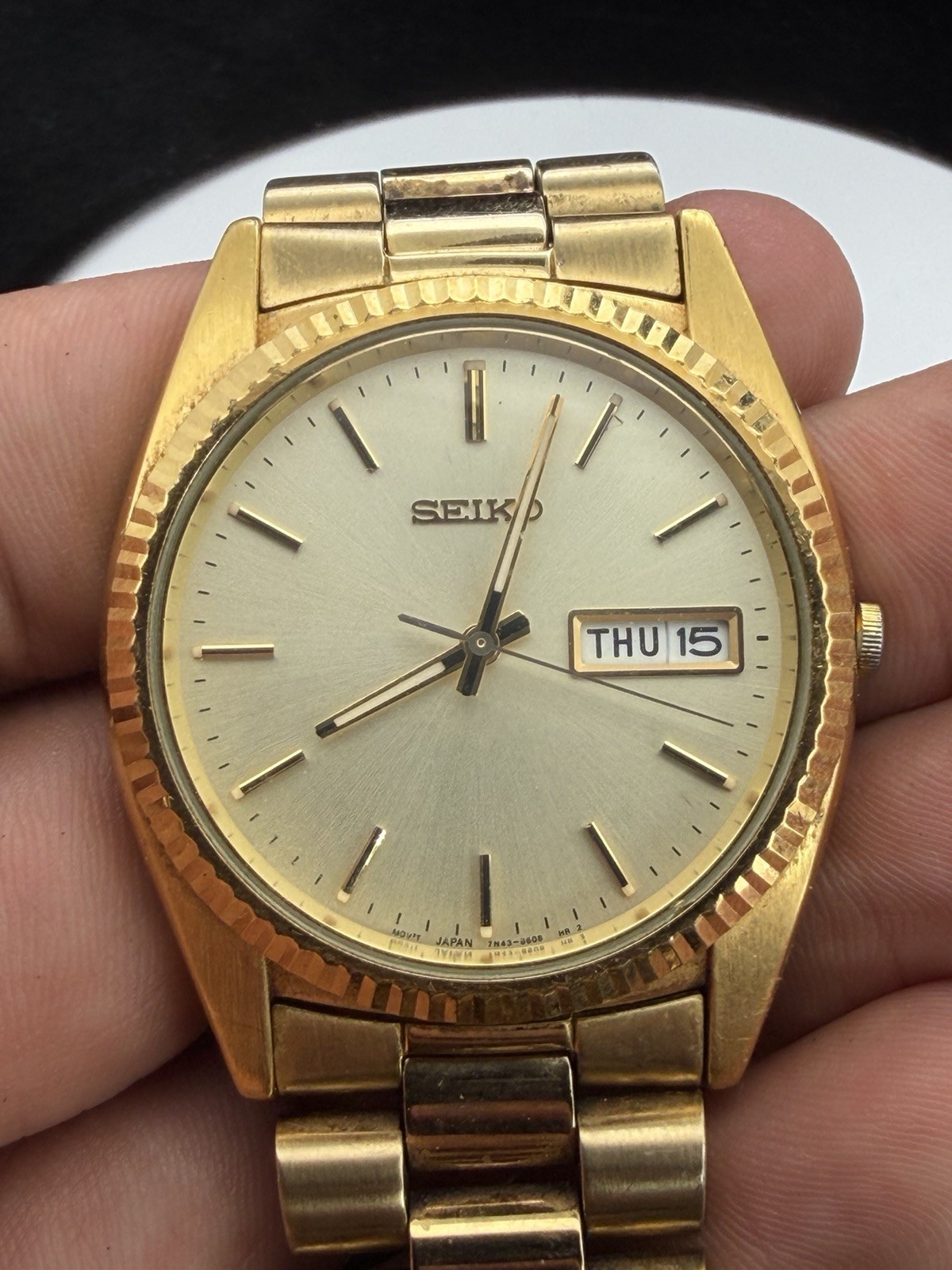 Seiko President Watch Men 36mm Champagne Dial Gold Tone Day Date 7N43-8111