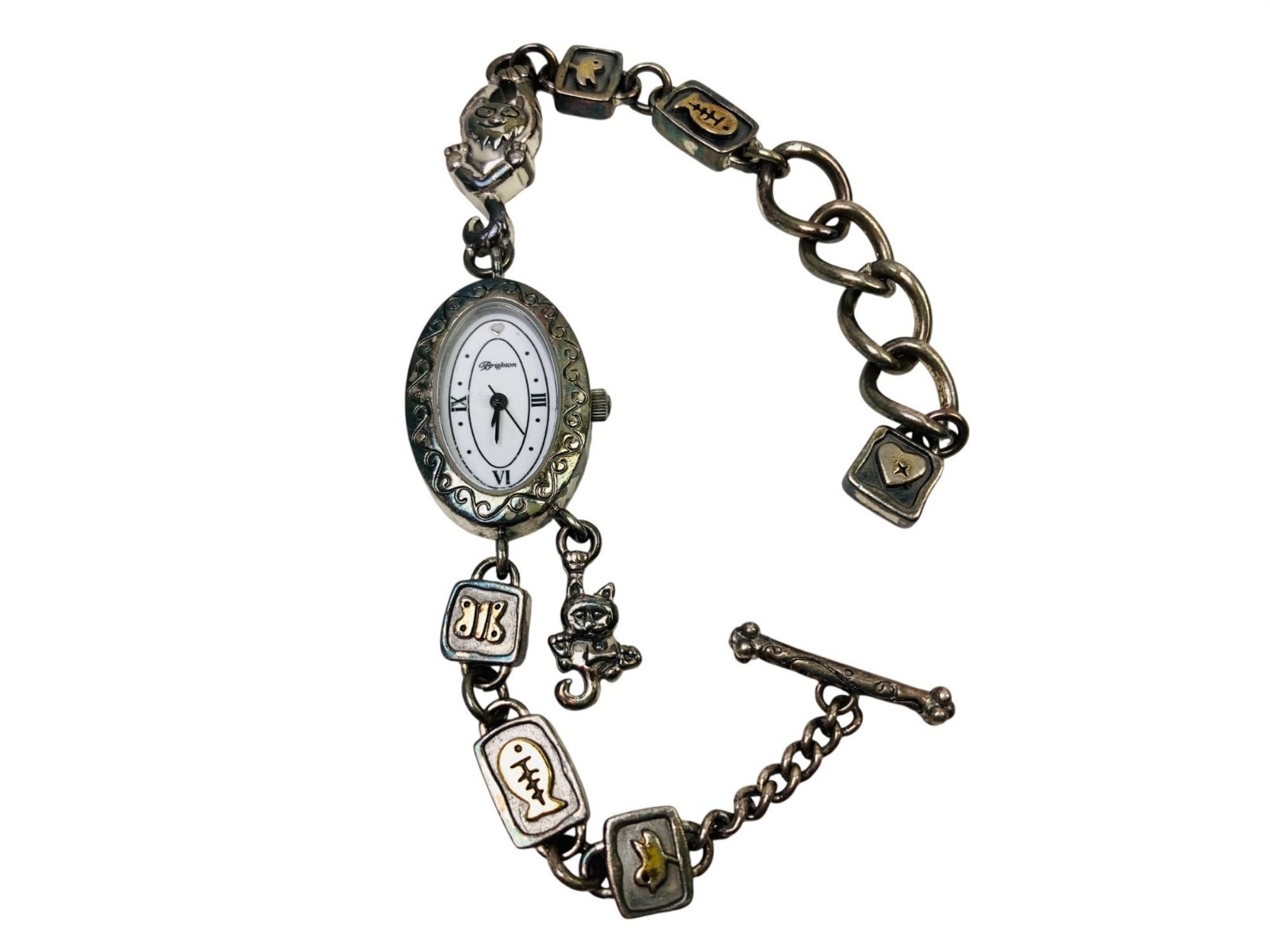 Brighton Pedigree Cat Silver Plated Filigree Chain Roman Women’s Round Watch