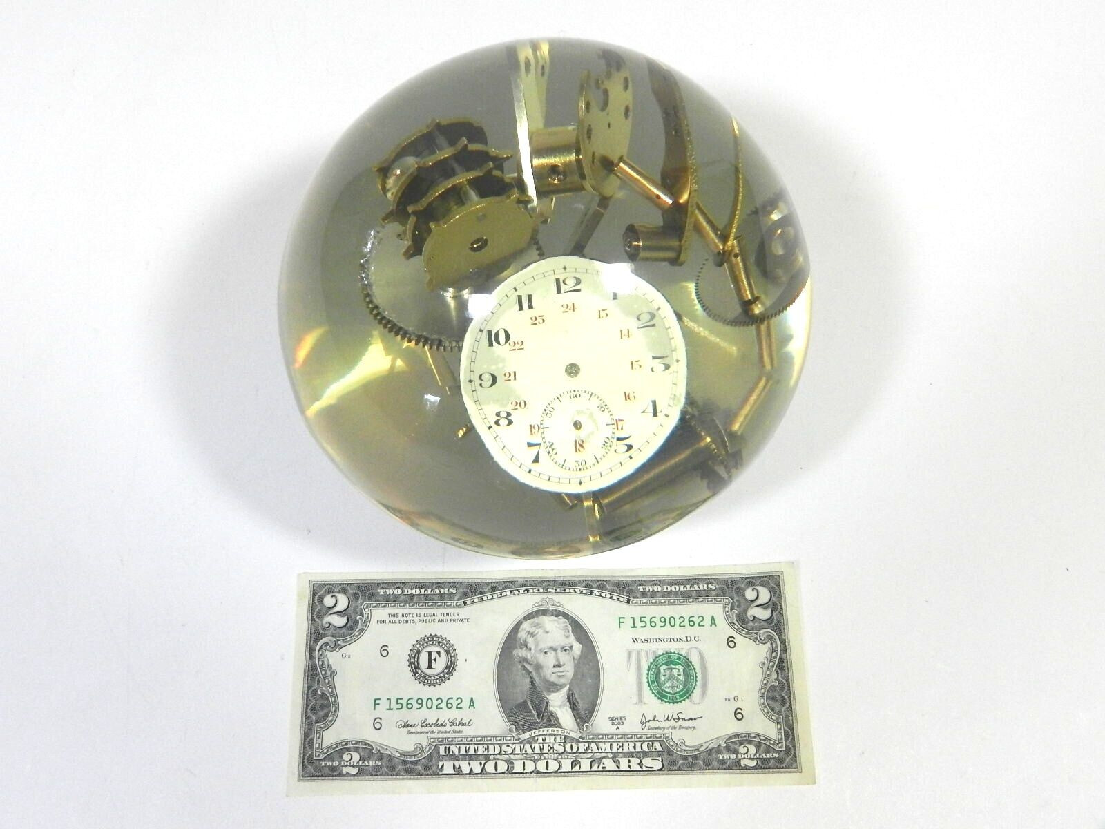 Vintage Lucite Embedded Brass Watch Parts Ball Sculpture Resin Acrylic Sphere
