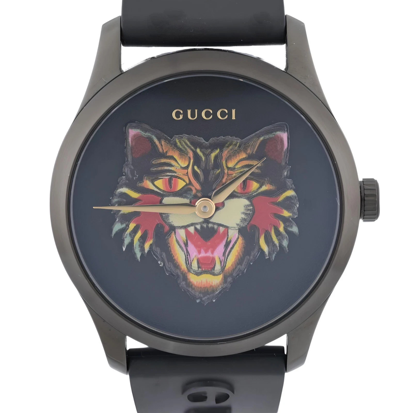 Gucci Tiger G-Timeless 38mm YA1264021A Black Motif Cat PVD Quartz Watch Excelent