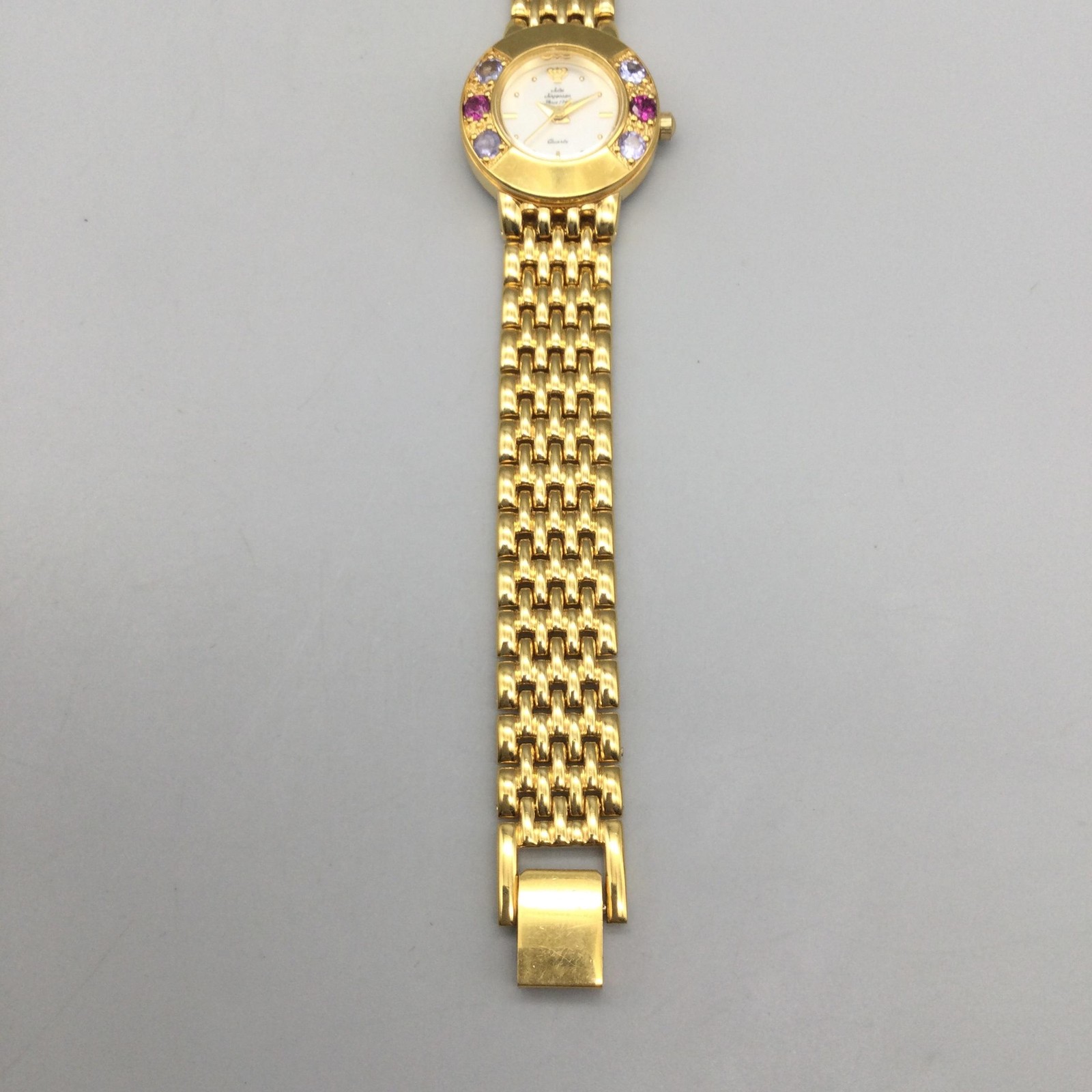 Jules Jurgensen Womens Watch 22mm Gold Tone Red Gemstones New Battery 6.75″