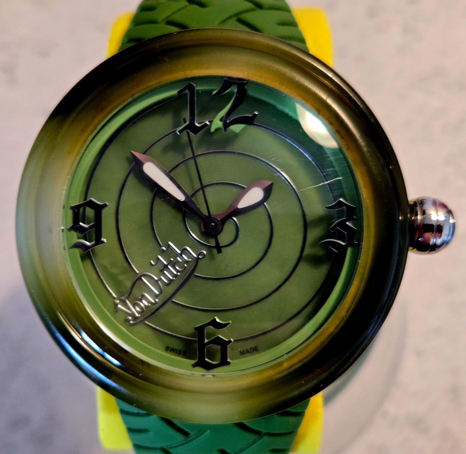 Von Dutch Green Spiral Face Watch Green Tire Tread Band Swiss Made 2015