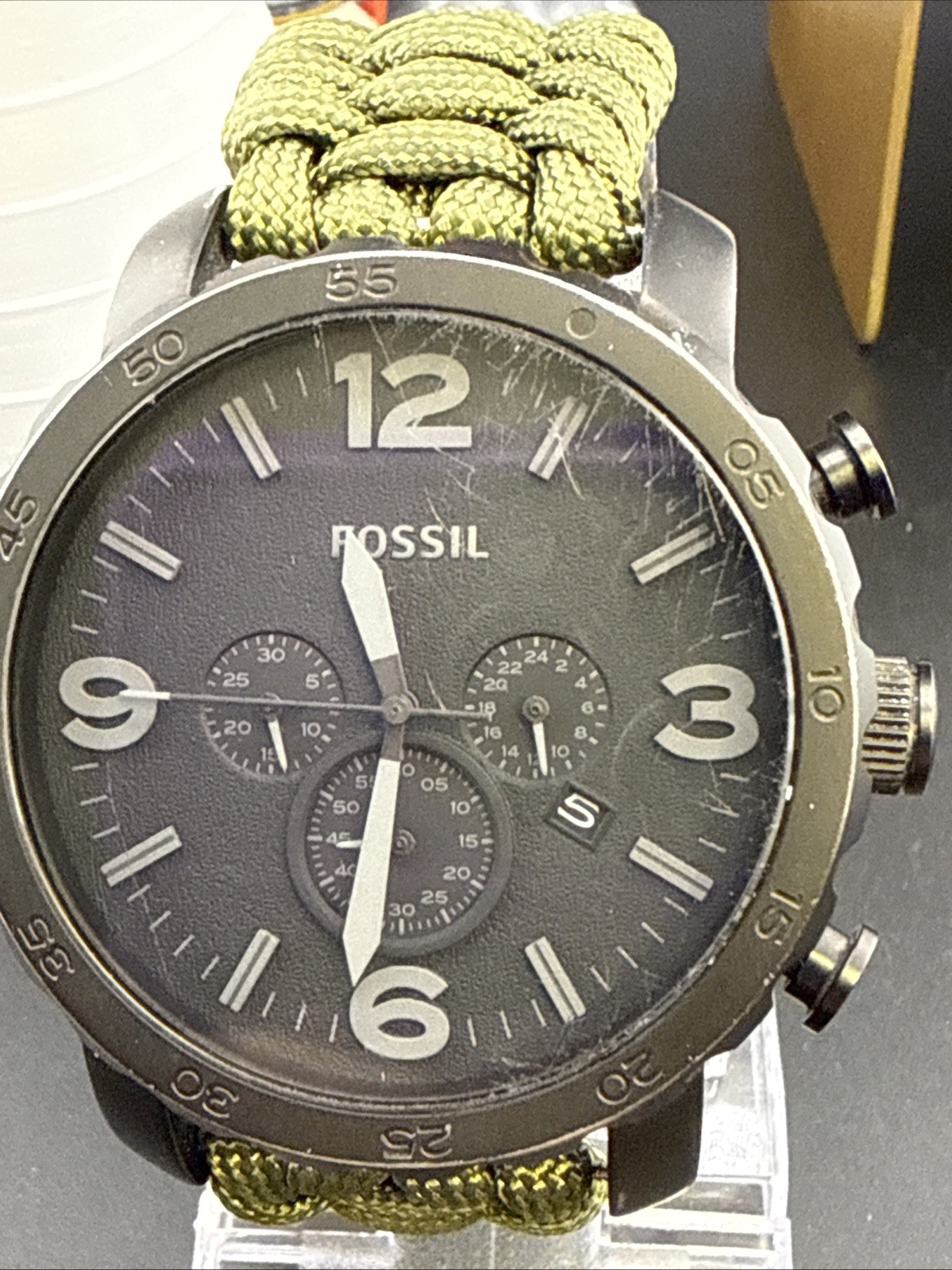 Men’s FOSSIL Nate Chronograph Watch Blacked Out Survival Chord New Battery