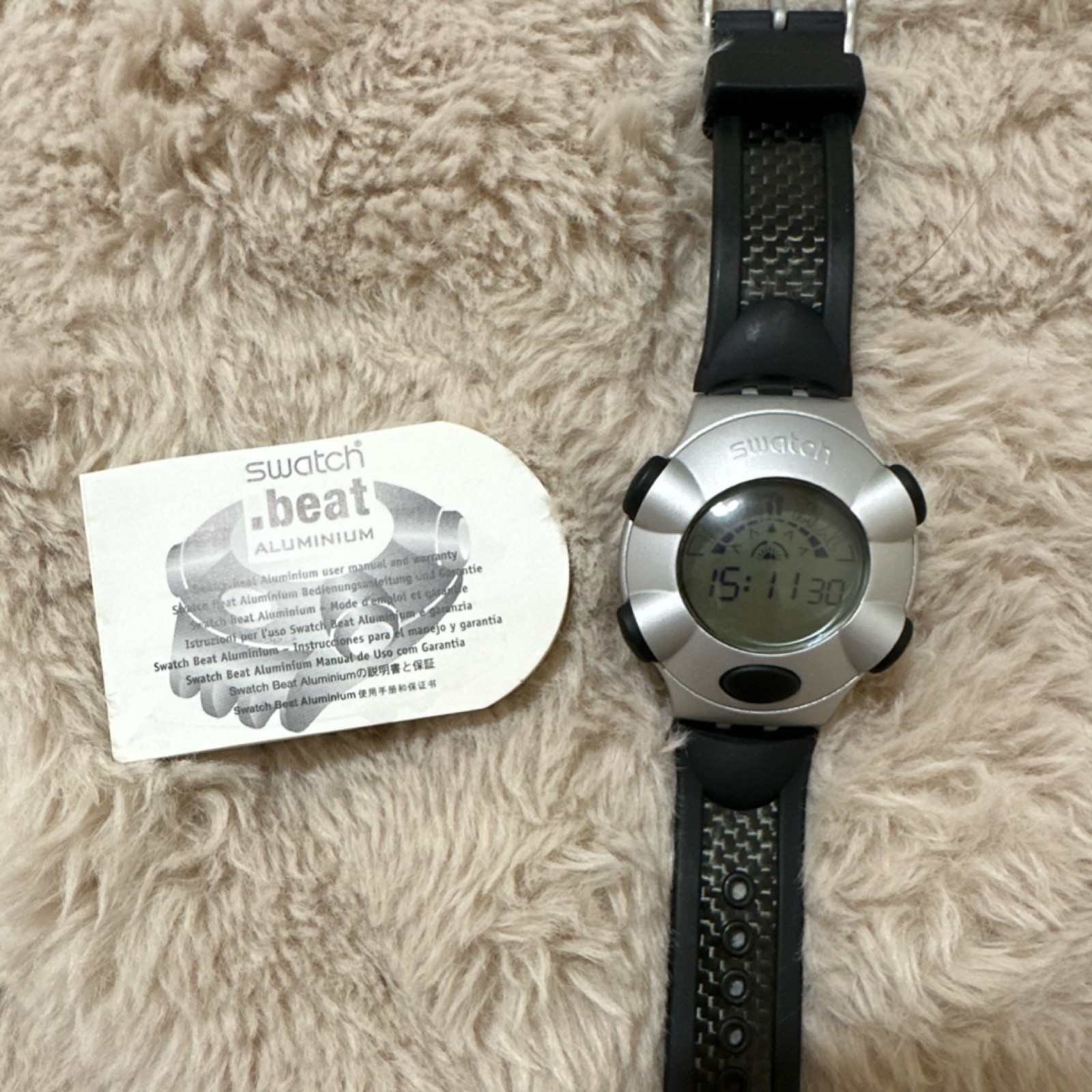 Swatch Beat Aluminium Digital Quartz Wristwatch Black Band Silver Case w/ Box