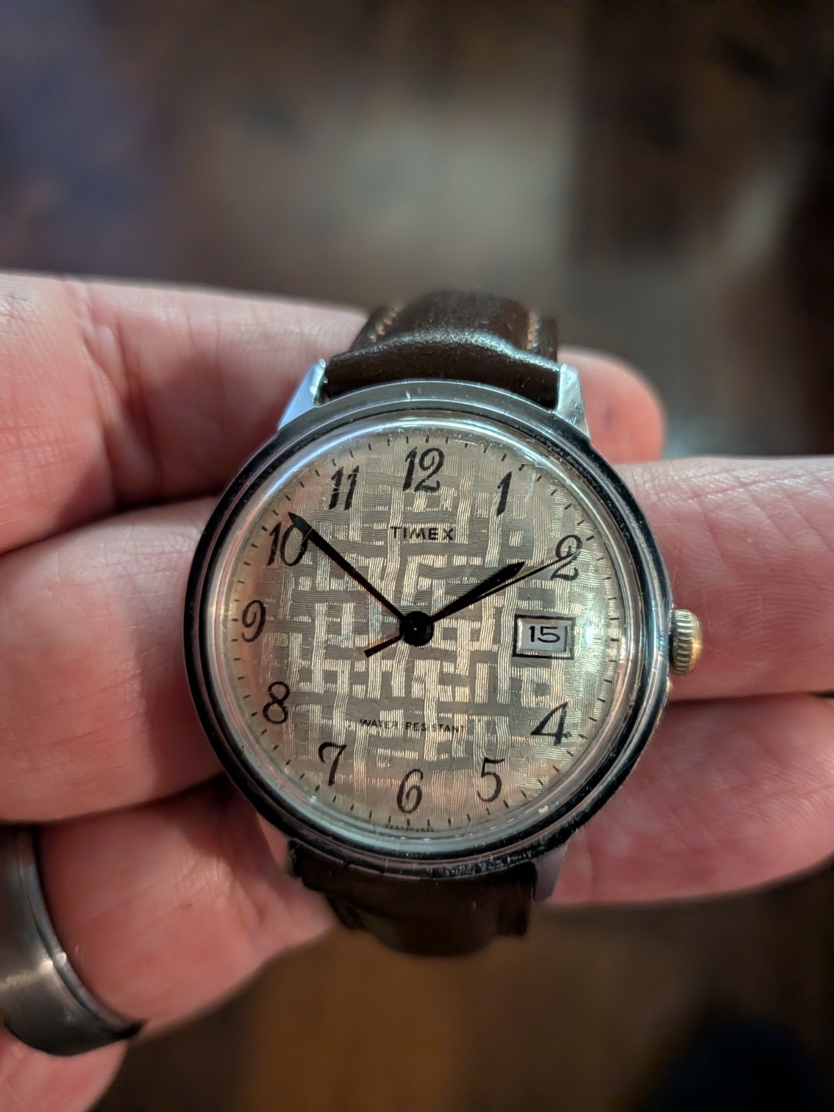 Vtg 1975 Timex Viscount Manual Wind Watch 35mm Rare Textured Linen Dial Working