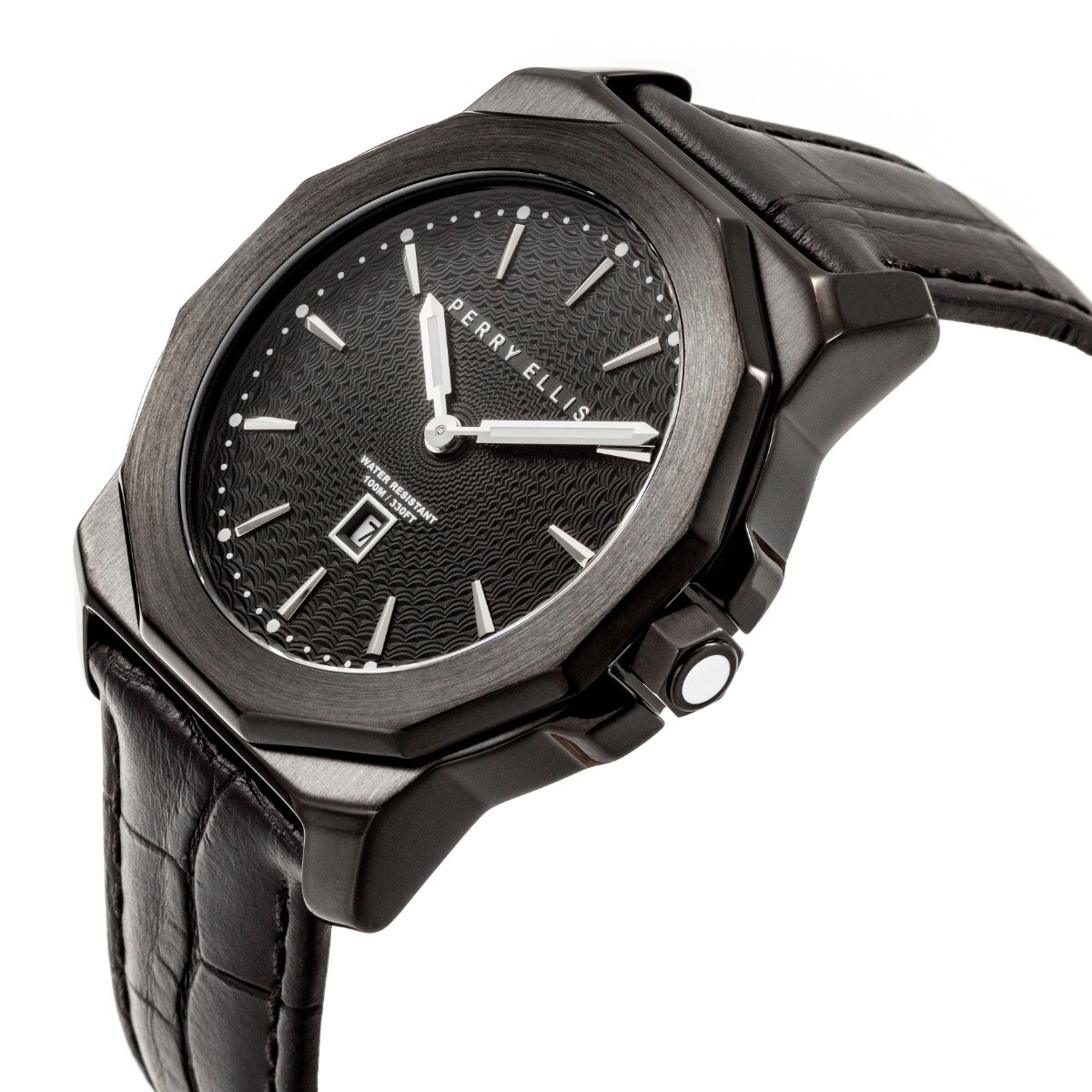 NEW Perry Ellis 46mm Decagon Black SS 100M WR Men’s Watch PEW05006-01 Invicta