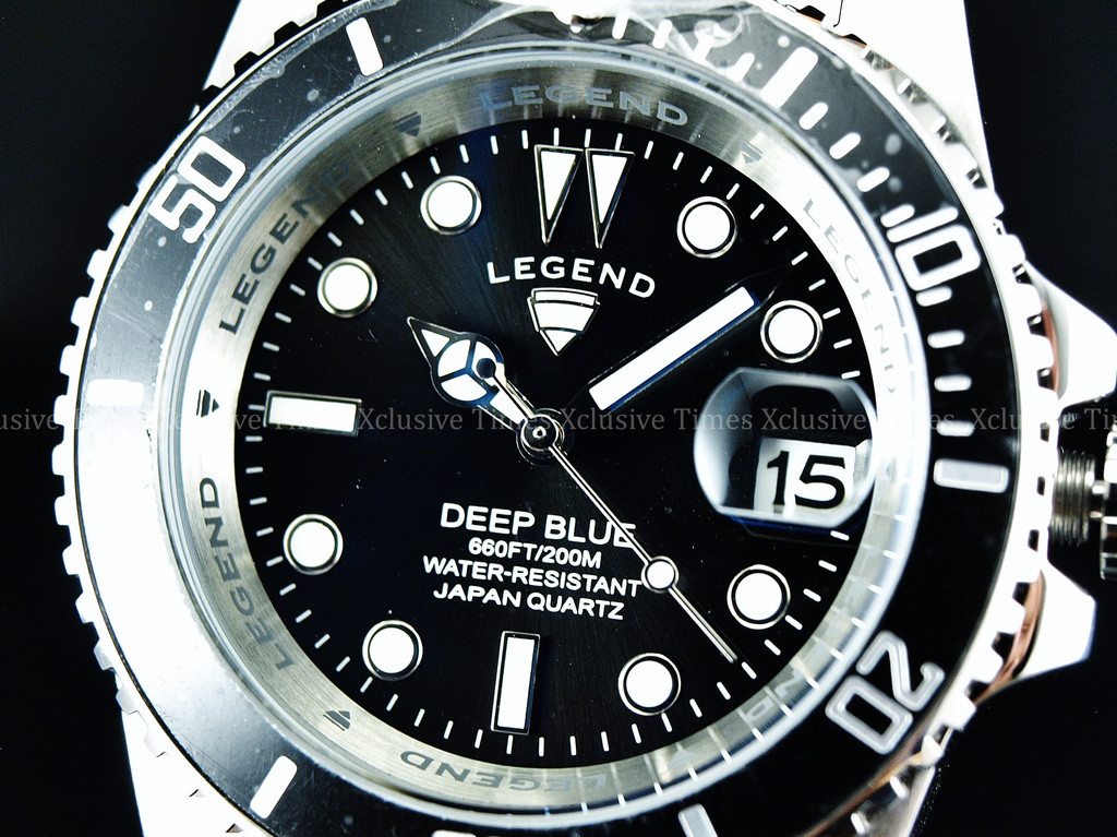 RARE Legend Men 200m Deep Blue Diver Midnight Black Dial Quartz SS Watch