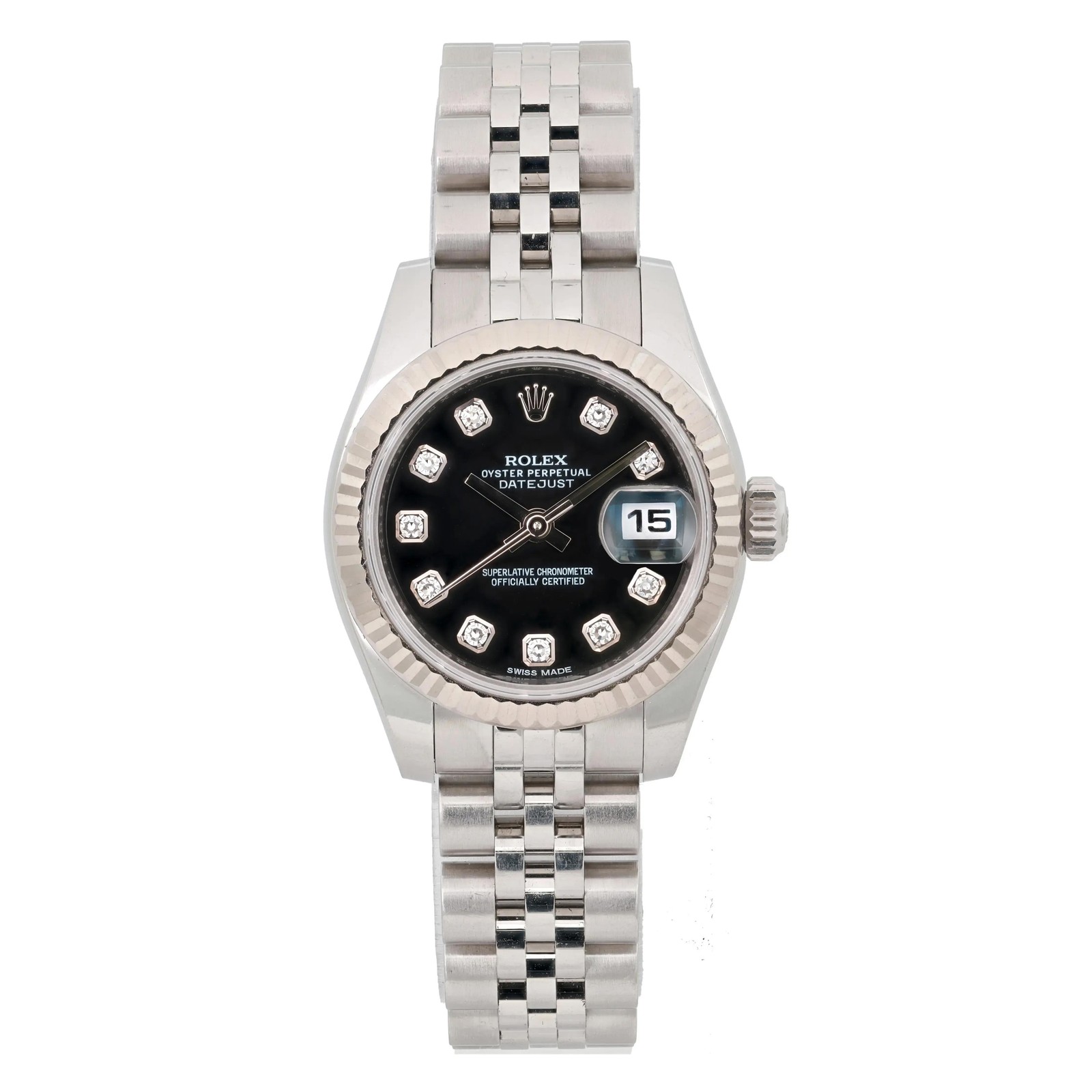 Rolex Datejust 26mm 18K White Gold Steel Black Diamond Dial Watch 179174