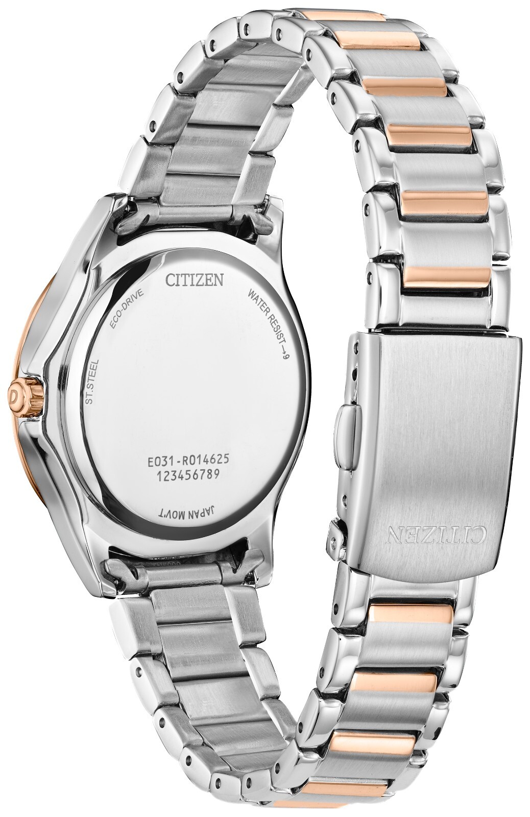 Citizen Womens Eco-Drive Silver Rose Gold Stainless Steel Watch 34 MM EM0946-58E