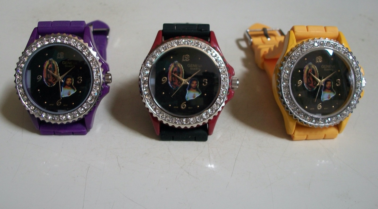 Women’s JESUS & VIRGIN MARY GUADALUPE Black, Yellow, Purple Silicone Band Watch