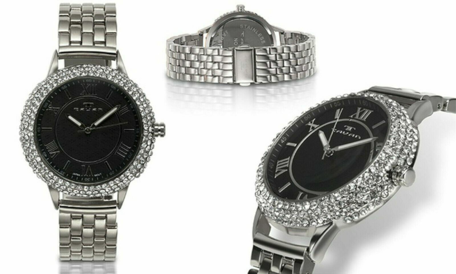 NEW Tavan 1436 Crichett Diamond Pave Bezel Roman Numeral Black Dial Silver Watch