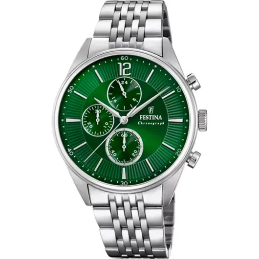 Festina F202858 Men Silver Stainless Steel Green Chronograph Dial Watch 41.5 mm