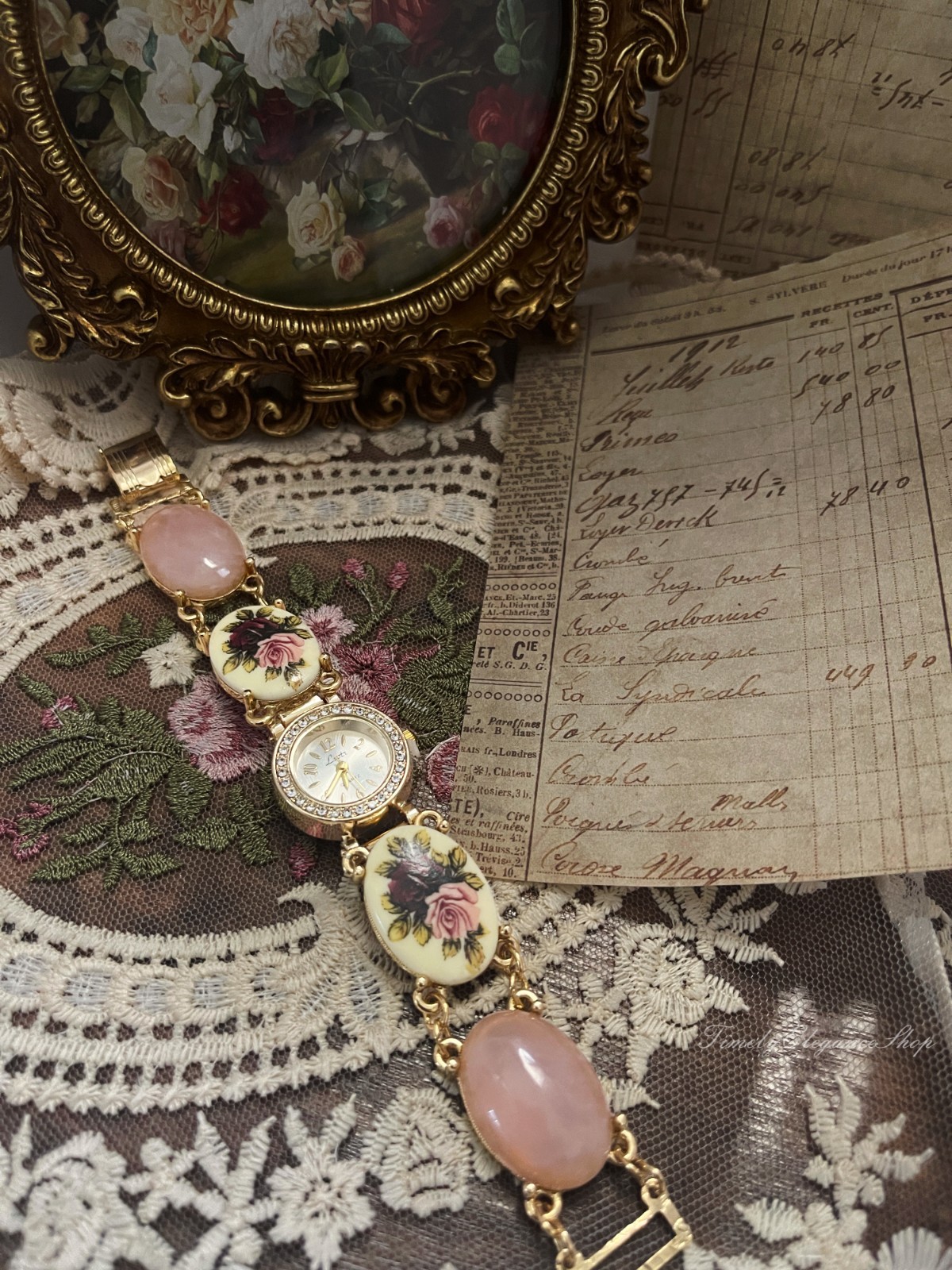 Vintage Rose Quartz Floral Bracelet Watch | Handmade Repurposed Gold Tone Unique