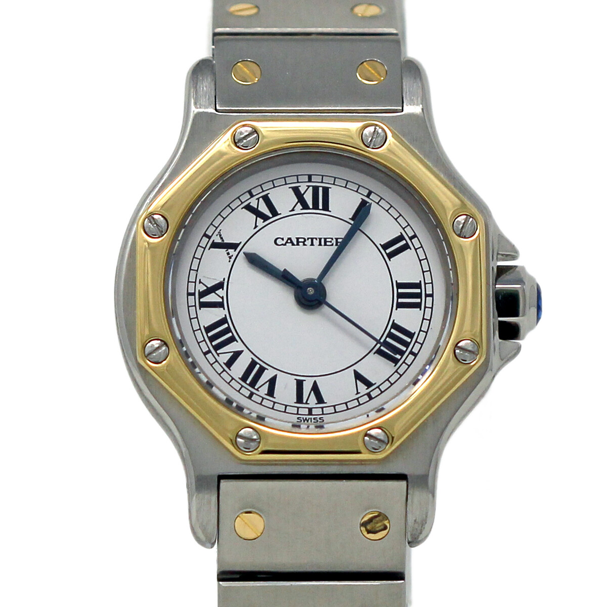 Cartier Santos Octagon Steel Gold Automatic White Roman 1Year Warranty #547-1