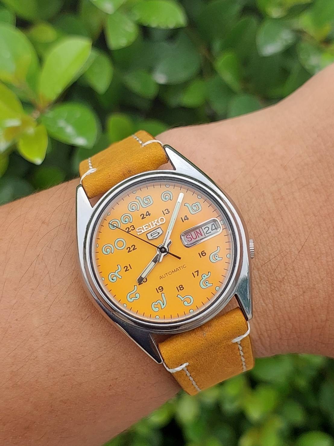 Seiko 5 Automatic 7009 Orange-Thai Numerals Dial with Leather Strap