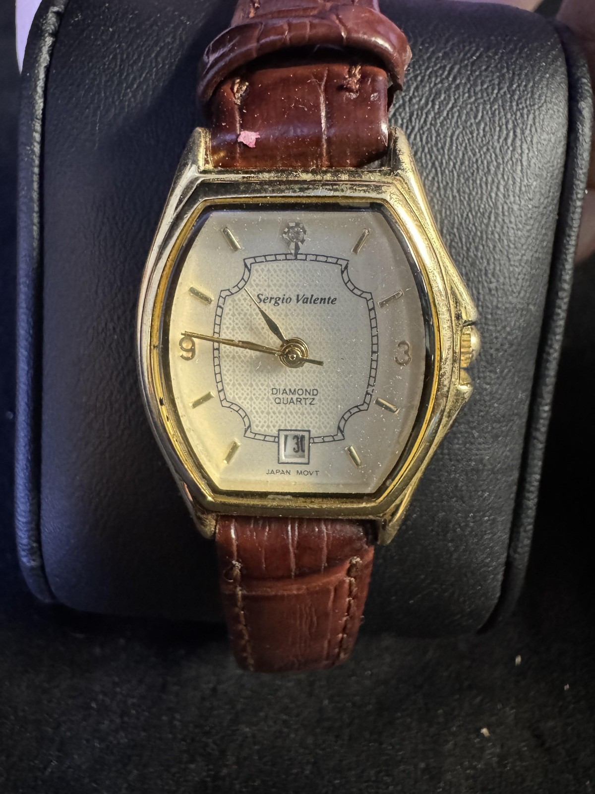 Vintage Sergio Valente Watch Mens Diamond Quartz Date Gold Tone Brown Leather