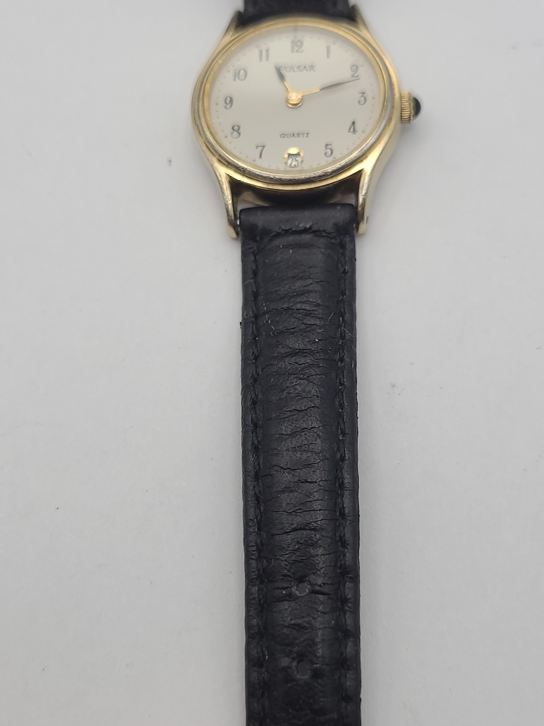 Vintage Pulsar Watch Women Gold Tone Date V248-0010 Leather Band New Battery