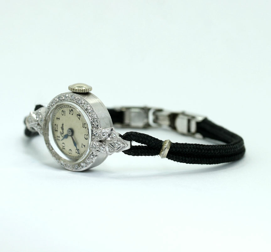 Platinum antique Croton VS diamond ladies watch black cord .20CT 16.5 MM 5.9 GM