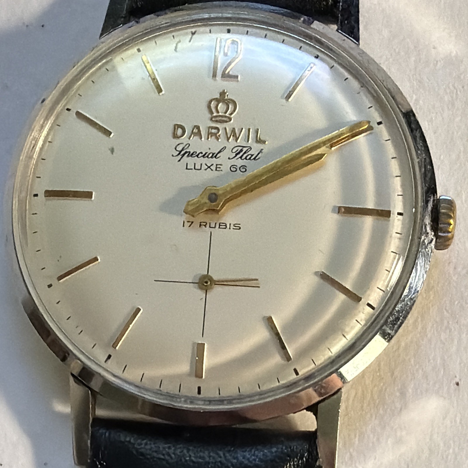 Darwil Special Flat Luxe 66 Manual Silver Dial Arabic/Stick 17J Black Leather