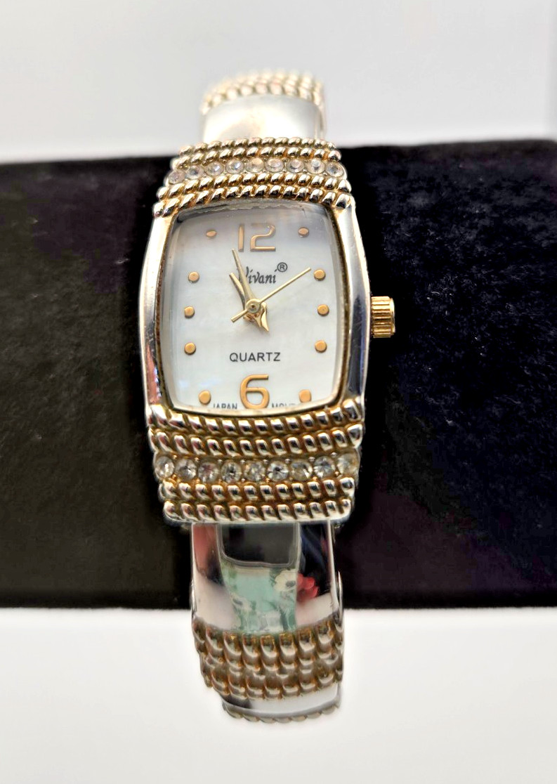 Vivani Silver Tone Cuff Watch K2334T Rhinestone Accents New Battery