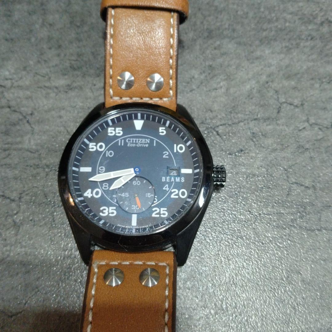 CITIZEN Eco-Drive BEAMS Watch Black Dial Brown Leather Strap Stainless Steel