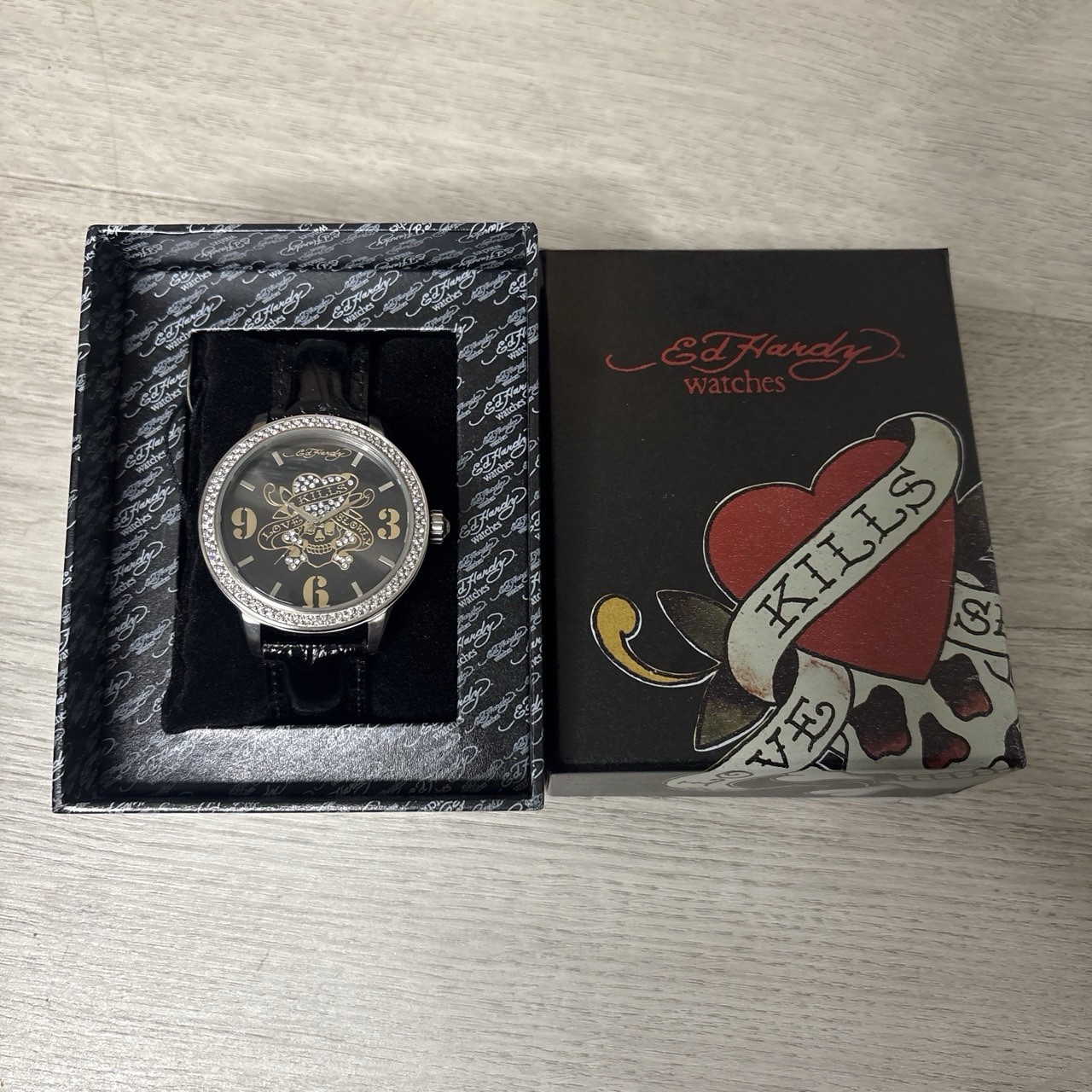 Vintage Ed Hardy 2008 Ladies Swarovski Diamond Leather Strap Watch NEW