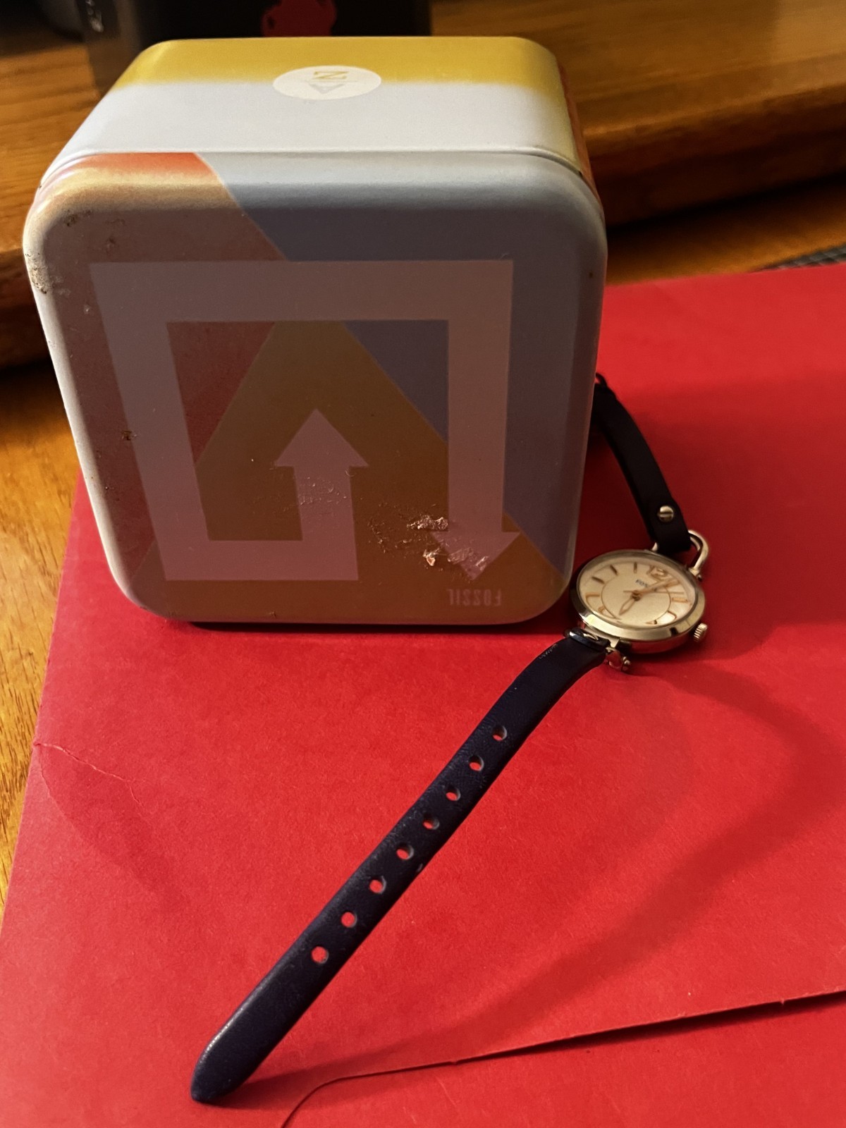 Fossil Georgia Mini Watch NAVY BLUE & SILVER ~ New Battery ~ EUC w/tin