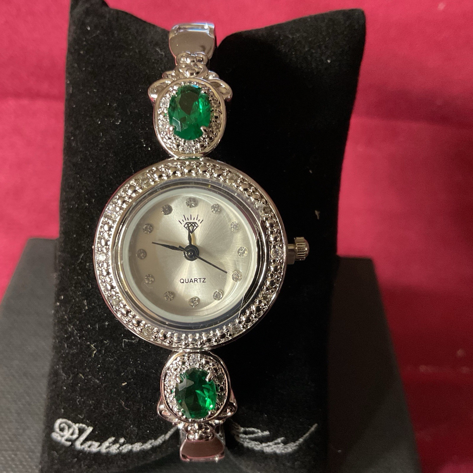 Platinum Plated Watch With Stones Green Stones + Diamonds? New In Box