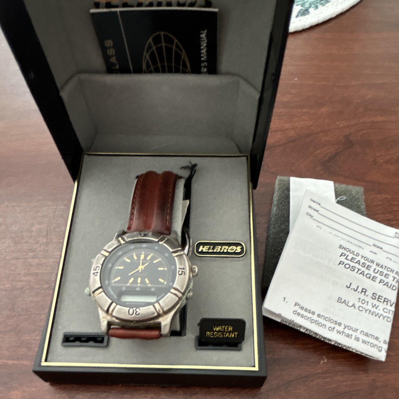 Helbros 8160 Men’s Ana-Digi Quartz Watch Brown Leather Strap Box & Papers.