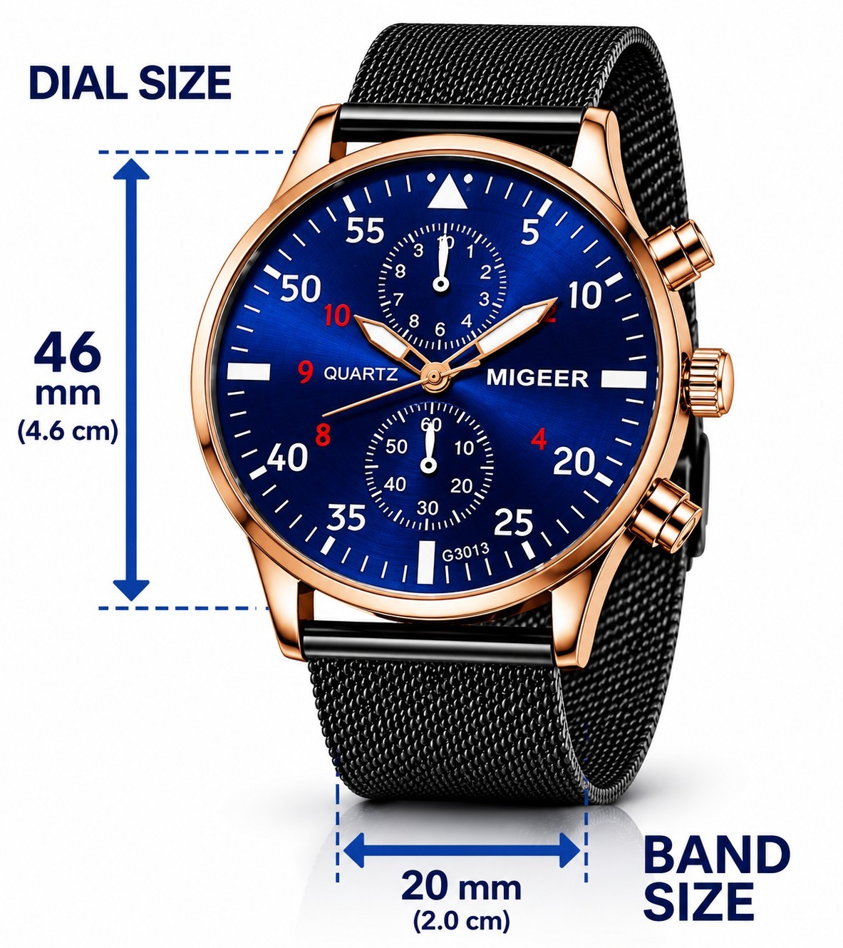 MIGEER Blue Dial Chronograph Watch with Rose Gold Case & Mesh Band