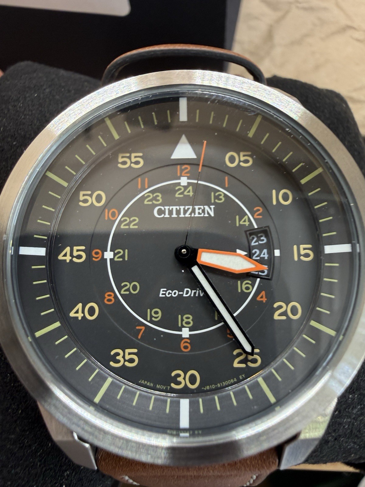 Citizen Eco-Drive 45mm Black Dial Brown Leather 100m Date Box Manual