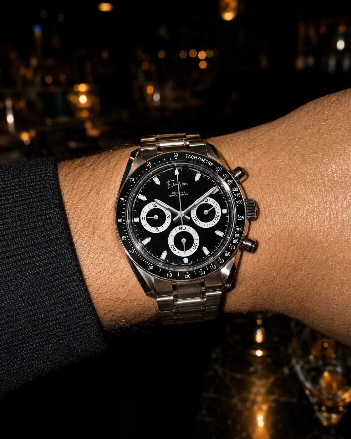 Élan Noir Chronograph Watch VK63 Black & White Sapphire Crystal Steel 40mm