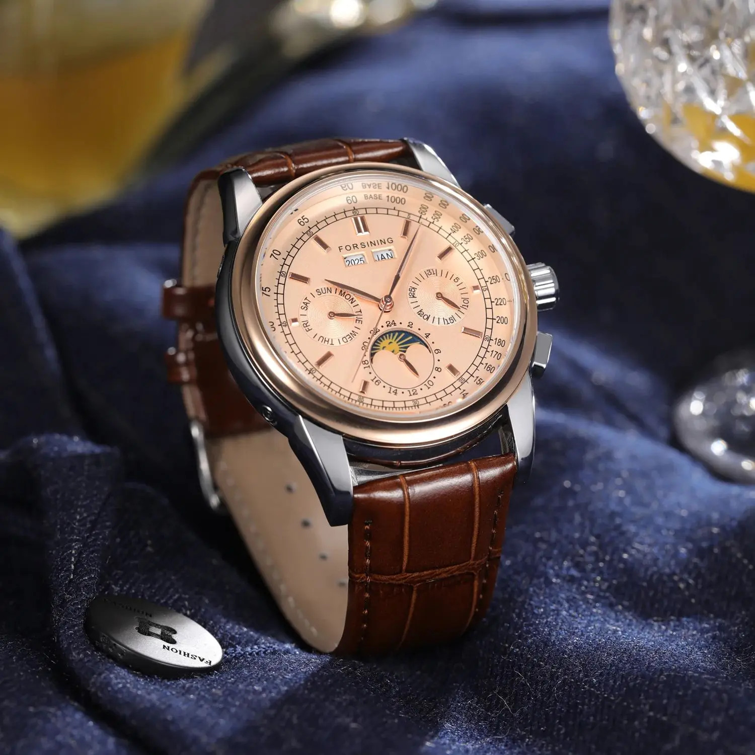 Forsining Automatic Mechanical Watch Lunar Phase Rose Gold Leather Strap