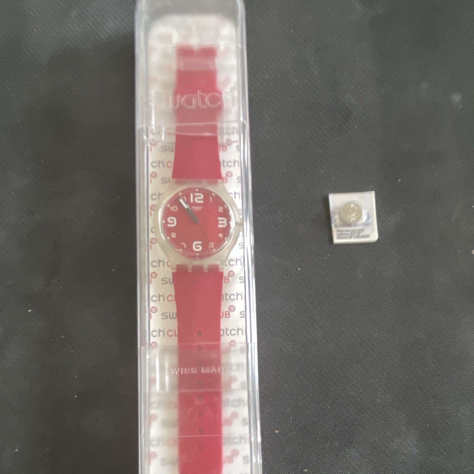 Swatch Swiss Made Quartz Analog Red Dial Clear Case Red Silicone Strap Complete